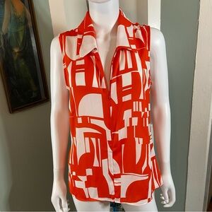 Cabi Kelly Geometric Sleeveless Blouse Collared Top Small S Orange White 6103